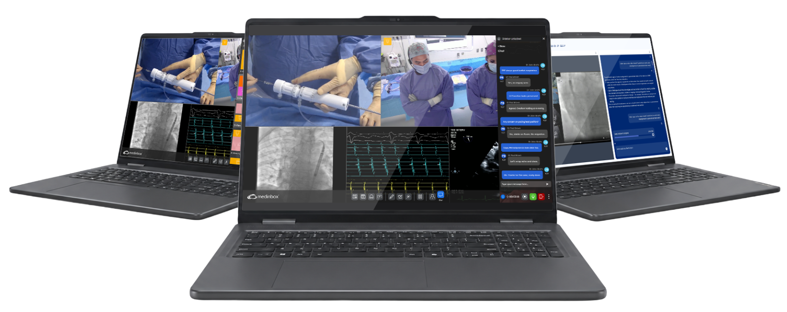 Medinbox software shown on three laptops: live collaboration, AI assistant and procedural search