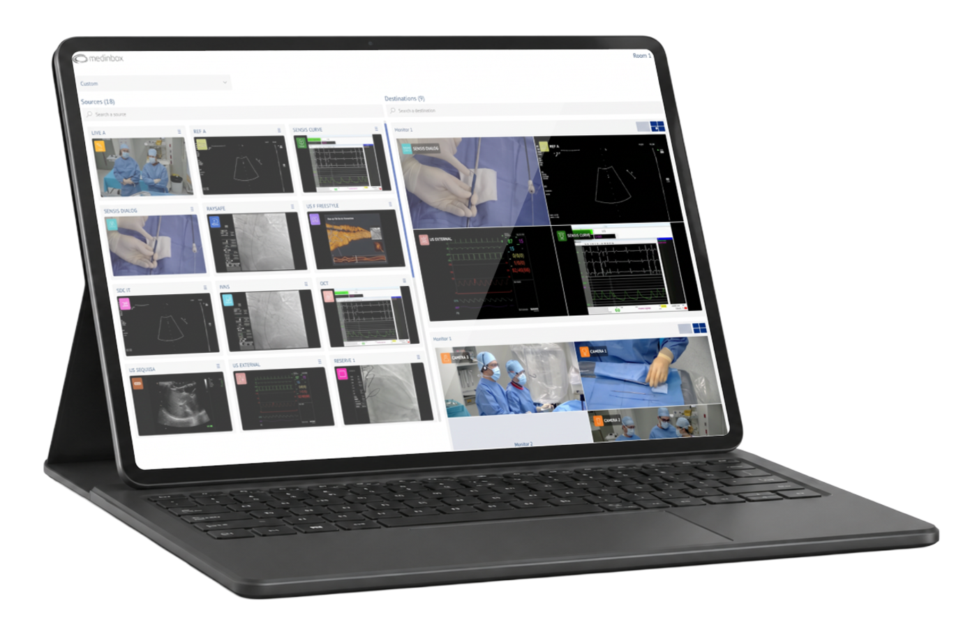 Tablet running the Medinbox IO source control interface with multi-source preview